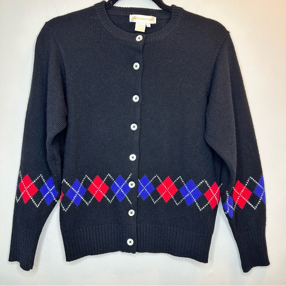 Vintage 90s BROOKS BROTHERS 100% Lamb Wool Argyle Pattern Black Cardigan Size S